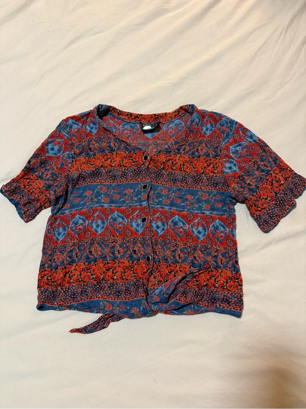 Red and Blue Boho Button Front Crop Top